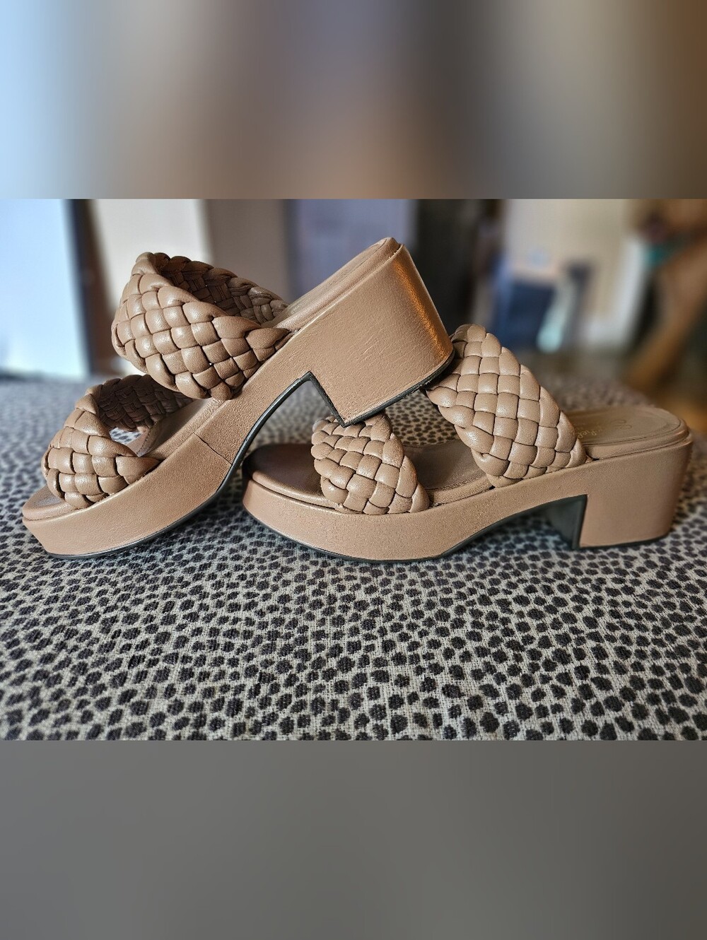 Woven Platform Slide Sandals in Taupe, Seychelle. size 8